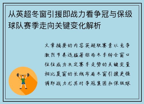 从英超冬窗引援即战力看争冠与保级球队赛季走向关键变化解析
